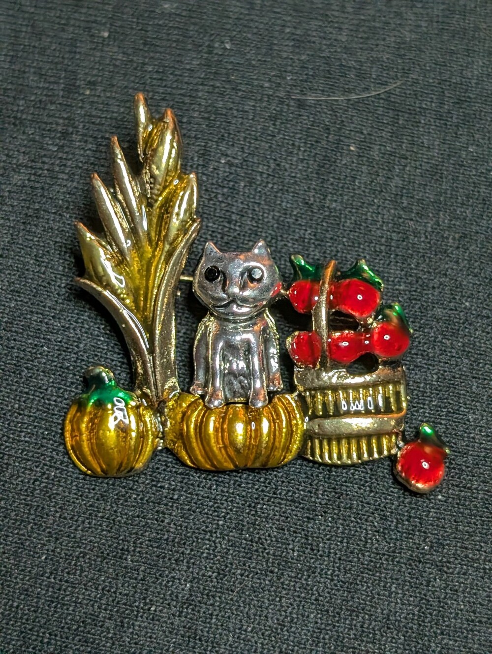 Gold and Red Cat Harvest Brooch